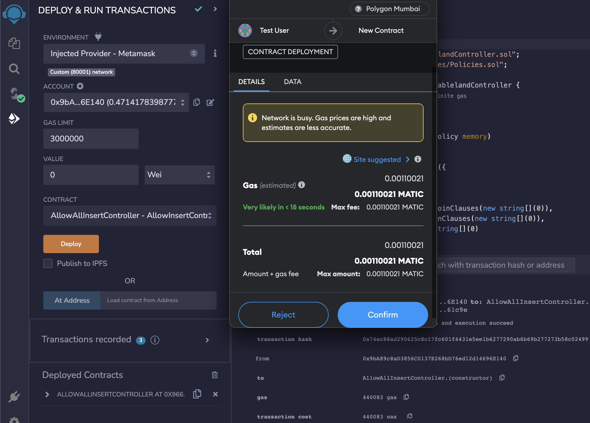 An example of sending an onchain testnet transaction and deploying the controller contract.